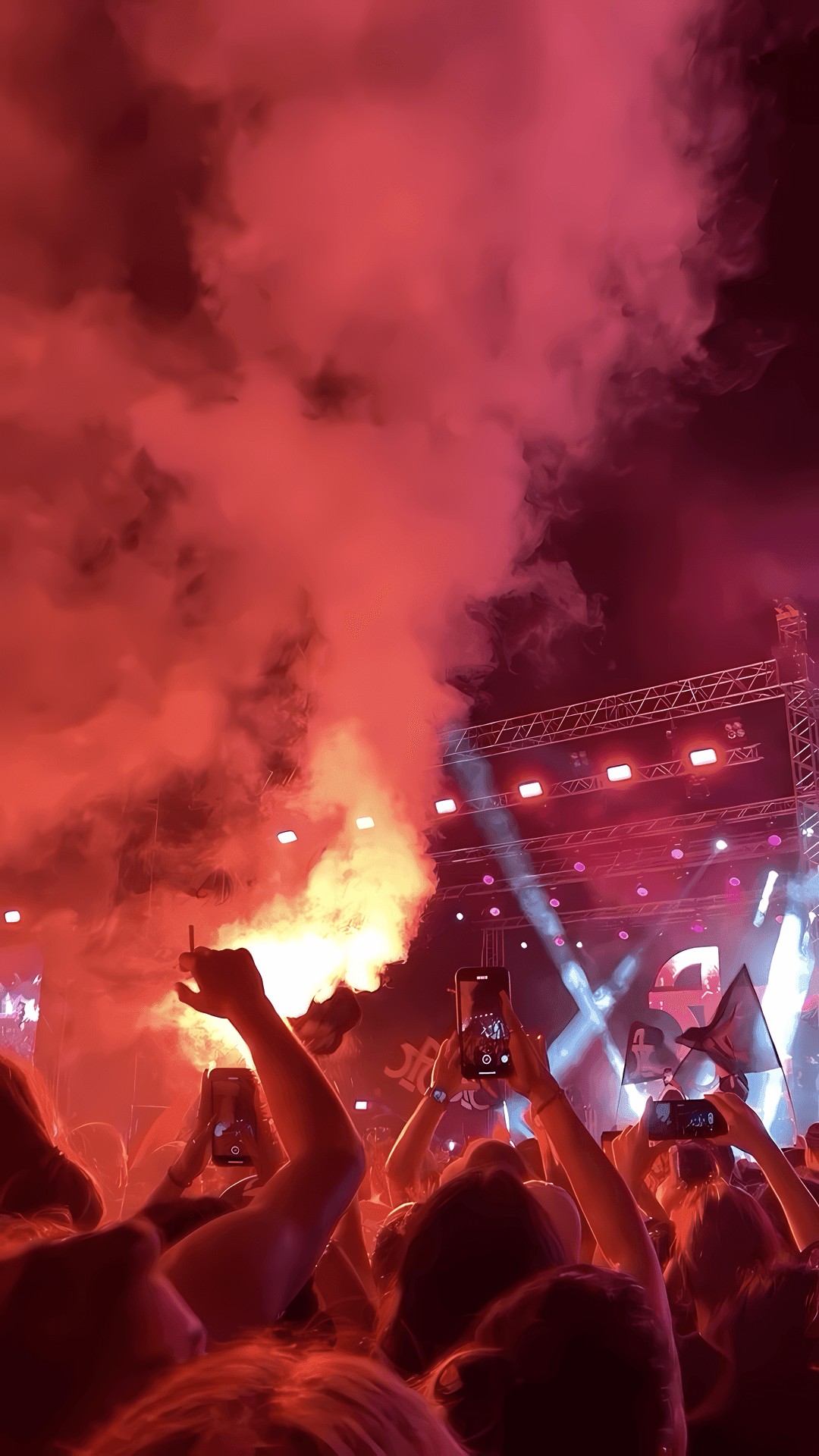 Crowd at a concert holding smartphones and flares, with stage lights and a smoky atmosphere.