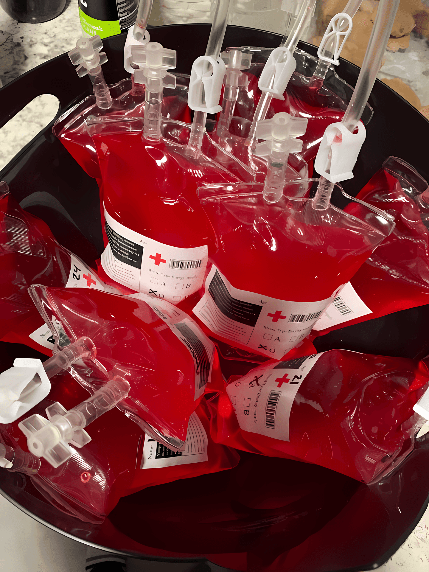 Several red blood bags with labels and tubes placed inside a container, arranged in a medical setting.